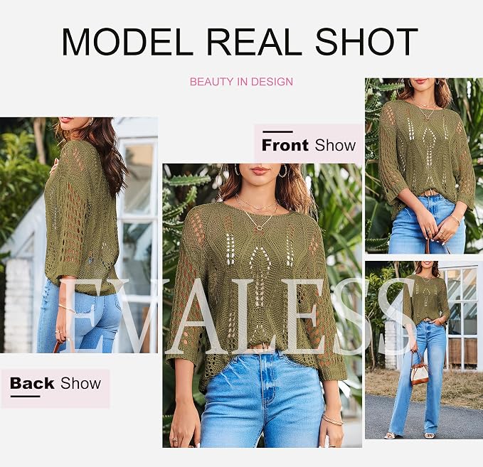 EVALESS Womens Crochet Hollow Out Knit Tops Half Sleeve Spring Summer Sweaters Beach Cover Ups for Women Trendy 2026 - Image 6