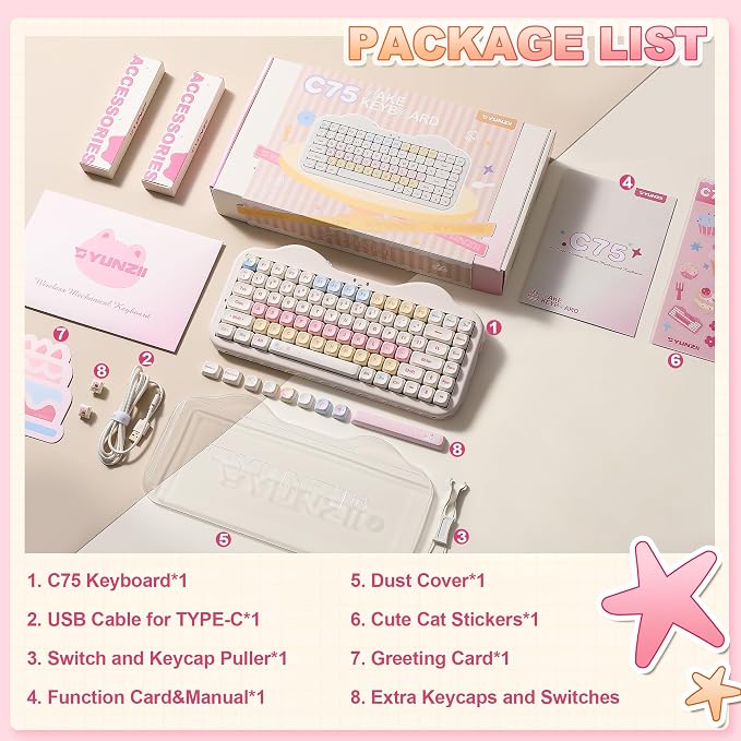 YUNZII C75 Cute 75% Wireless Mechanical Keyboard (Beige, Milk Switch) | Creamy Cake Keyboard, BT5.0/2.4G/USB-C, Hot-Swap, NKRO, PBT MOA Keycaps,5500mAh RGB Gasket Mount for Mac/Win/Gaming/Office - Image 9