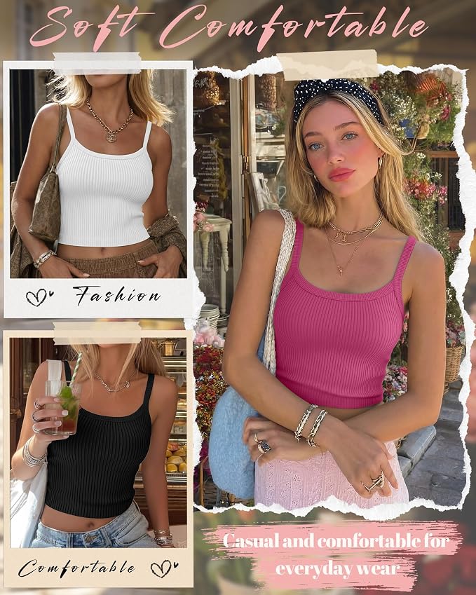 Ficerd 3 Pack Women's Tank Tops 95% Cotton Spaghetti Strap Ribbed Crop Camisole Slim Fitted Basic Summer Sleeveless Layer - Image 5