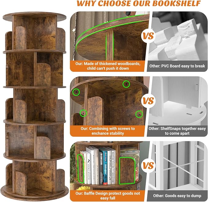 Aheaplus Rotating Bookshelf, 360 Display Wood Spinning Bookshelf Tower, 5 Tier Floor Standing Bookcase Storage Rack, Revolving Bookcase Corner Bookshelfs for Small Space, Study, Bed Room, Rustic Brown - Image 7
