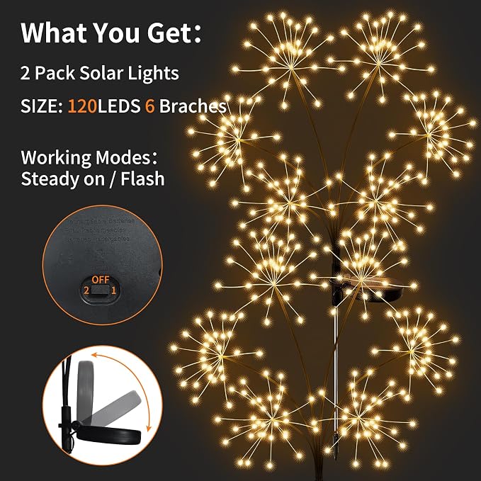 JJGoo 2 Pack Solar Garden Lights Outdoor Waterproof, New Upgraded 6 Branches Firework Starburst Lights with 2 Modes, Solar Fairy Lights for Yard Garden Patio Pathway Party Decor - Warm White - Image 8