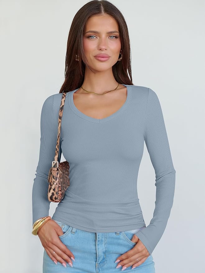 ANRABESS Long Sleeve V Neck Shirts for Women | Soft Comfy Ribbed Knit Fitted Tshirts, Casual Going Out Tops, 2026 Trendy Basic, Fall Winter Underscrub Layering Clothes - Image 8