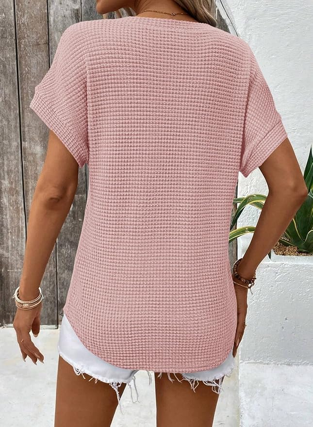 Dokotoo Womens Waffle Knit Tops 2026 Spring Summer V Neck Shirts Casual Trendy Women's Blouses Basic Tee - Image 4