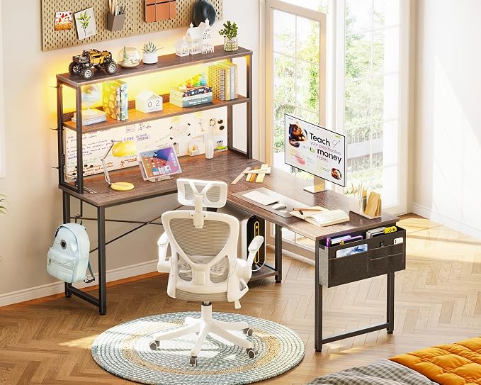 AODK L Shaped Desk Gaming Desk with LED Light & Power Outlet | 53 Inch Grey Oak Reversible L Shaped Computer Table with Shelf & Storage Bag & Hook for Home Office - Image 8