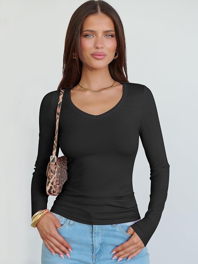 ANRABESS Long Sleeve V Neck Shirts for Women | Soft Comfy Ribbed Knit Fitted Tshirts, Casual Going Out Tops, 2026 Trendy Basic, Fall Winter Underscrub Layering Clothes - Image 8