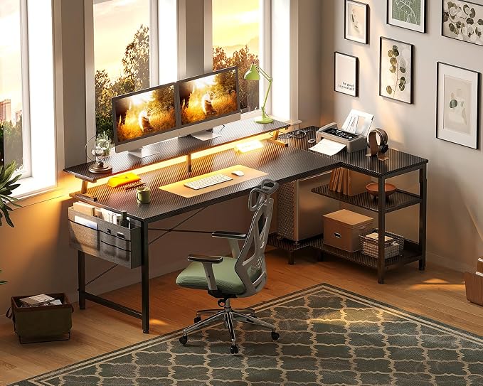 ODK 66 Inch L Shaped Gaming Desk with LED Lights, Power Outlets, Black | Adjustable Monitor Stand, Open Storage Shelves, Hanging Side Bag, PC Tower Stand, Reversible Layout for Gaming - Image 9
