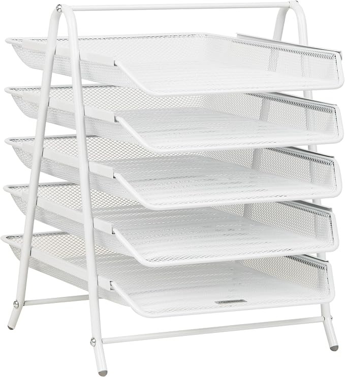 Mind Reader 5-Tier Paper Tray Organizer, White | Vertical Desktop File Storage Rack, Office, Metal Mesh - Image 7
