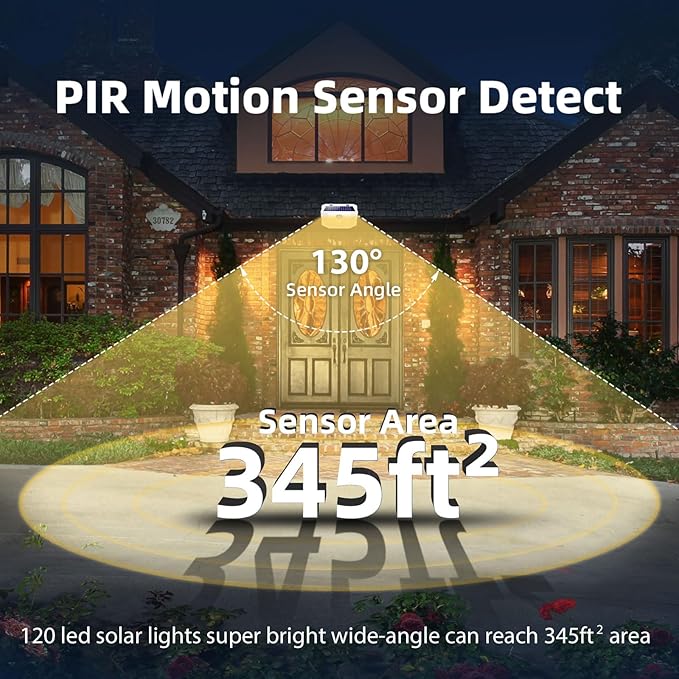 HMCITY 120 LED Solar Lights Outdoor with Motion Sensor and 3 Lighting Modes, IP65 Waterproof Wide Solar Wall Lights Ideal for Garden Patio Yard (Front Button 4Packs, White Shell-Warm White) - Image 6
