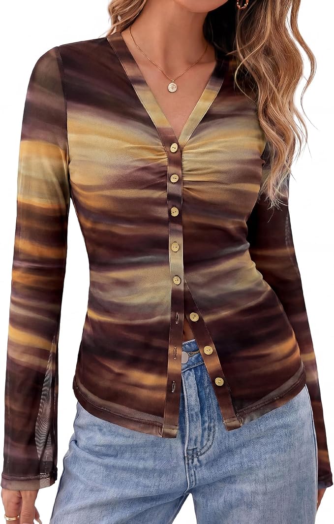 BTFBM Button Down Shirts for Women 2026 Fall Boho Tops V Neck Long Sleeve Blouses Ruched Mesh Fitted Fashion Clothing - Image 8