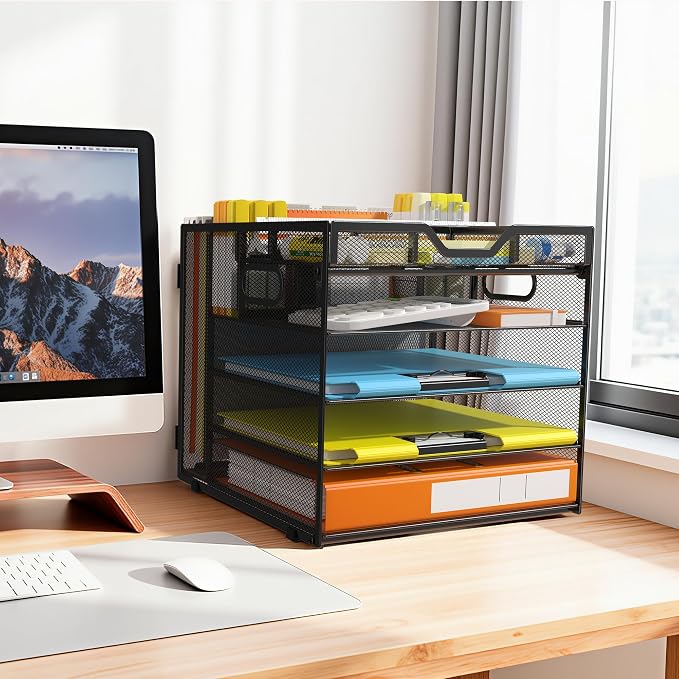 Docnest 5 Tier Desk Organizer with Hanging File Folder Holder&Tray, Black | Features 3 detachable pen holders and 4 removable dividers.Versatile mesh desktop storage for mail, document,office supplie - Image 6