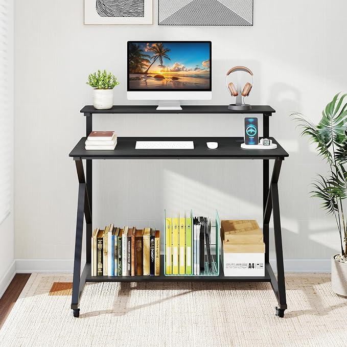 Giantex Rolling Computer Desk with Charging Station, Mobile Portable Laptop Desk with Monitor Stand & Storage Shelf, Small Desk with Lockable Wheels for Small Spaces, Home Office (Black) - Image 9