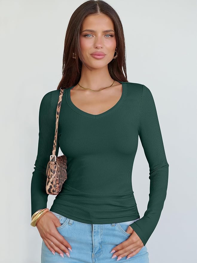 ANRABESS Long Sleeve V Neck Shirts for Women | Soft Comfy Ribbed Knit Fitted Tshirts, Casual Going Out Tops, 2026 Trendy Basic, Fall Winter Underscrub Layering Clothes - Image 8