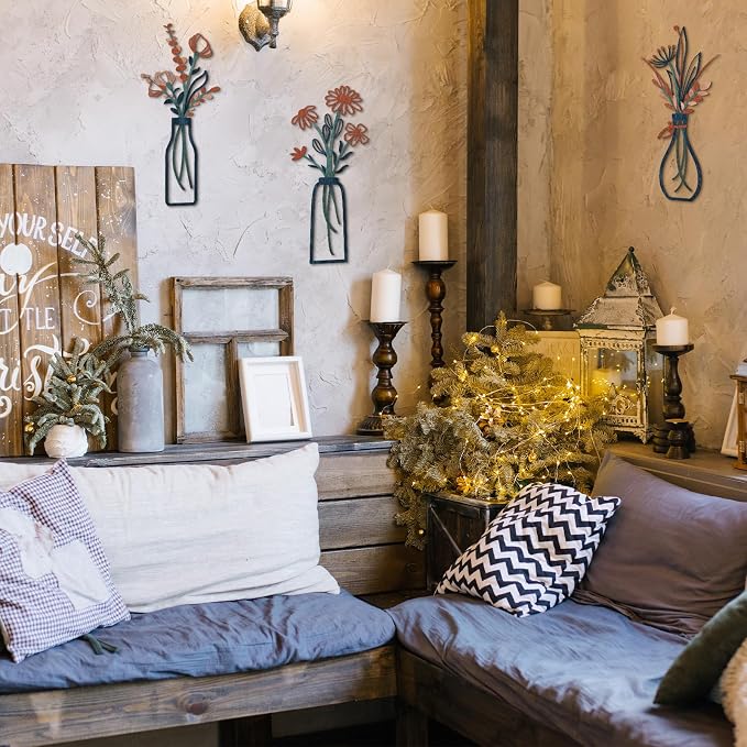 Pigort 3 Pieces Metal Flowers Wall Arts - Rustic Farmhouse Decor Minimalist Flower Wall Decors for Living room Bathroom Bedroom Dining Room-Housewarming Gifts - Image 8