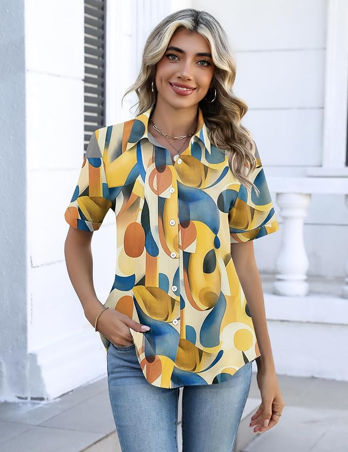 Zeagoo Button Down Shirts for Women Short Sleeve Collared Tops Dressy Casual V Neck Blouses - Image 5