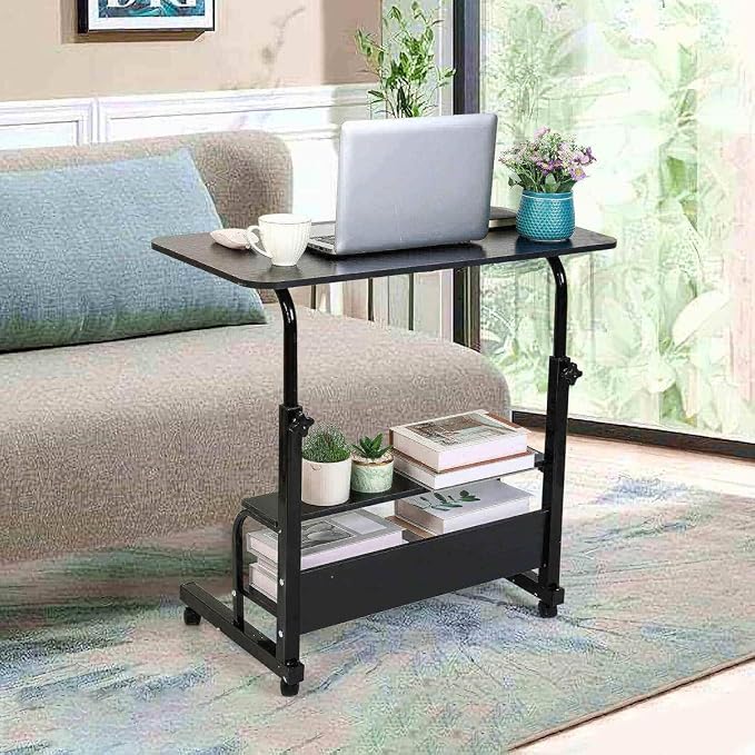 Adjustable Height Mobile Computer Desk for Small Space Rolling Table with Wheels Desk Home Office Study Desk Portable for Bedrooms Work Size 31.5x15.7 Inch Black with Storage Gaming Table B - Image 7