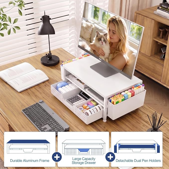 OPNICE Desk Organizers and Accessories, 2-Tier Computer Monitor Stand Riser with Drawer and 2 Pen Holders, Laptop Stand, Office Desk Accessories for Office Supplies, White - Image 6