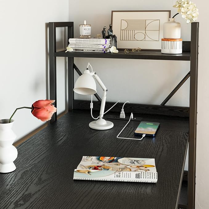 IRONCK Computer Desk 55" with Power Outlet and Storage Shelves, Study Writing Table with USB Ports Charging Station, PC Desk Workstation for Home Office, Black - Image 8