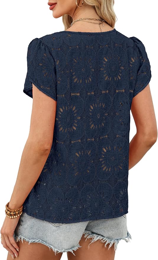 OFEEFAN Blouses for Women Dressy Casual Petal Short Sleeve Shirts Crochet Lace Boho Tops Spring Fashion Summer Outfits - Image 5