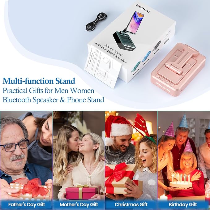 JTEMAN Cell Phone Stand with Bluetooth Speaker,Birthday Gifts for Women and Men,Kitchen Gadgets for Men,Compatible for iPhone/Samsung/Mini iPad - Pink - Image 7