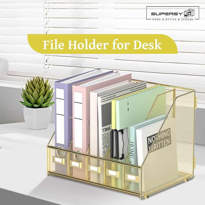 SUPEASY Desk Organizers Metal Desk Magazine File Holder with 5 Vertical Compartments Rack File Organizer for Office Desktop, Home Workspace, Gold Plus - Image 7