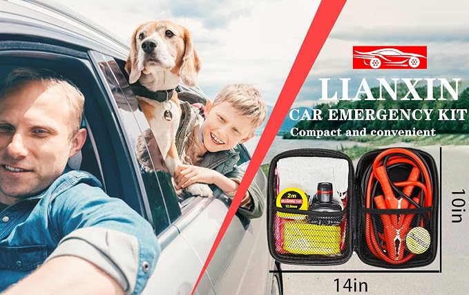 LIANXIN Emergency Car Kit with Jumper Cables Headlamp Car Safety Kits Pale | Roadside Car Emergency Kit Tow Straps, Tape Measure, Rainwear, Multi-tool Kit, Breakdowns Gifts for New Drivers - Image 7