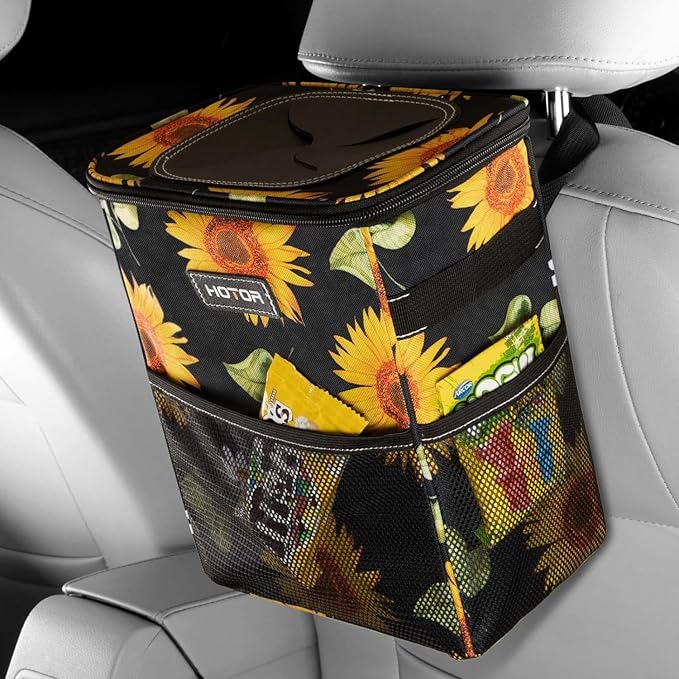 HOTOR Car Trash Can with Lid and Storage Pockets - 100% Leak-Proof Organizer, Waterproof Garbage Can, Multipurpose Trash Bin for Car, 2 Gallons, Sunflower by HOTOR