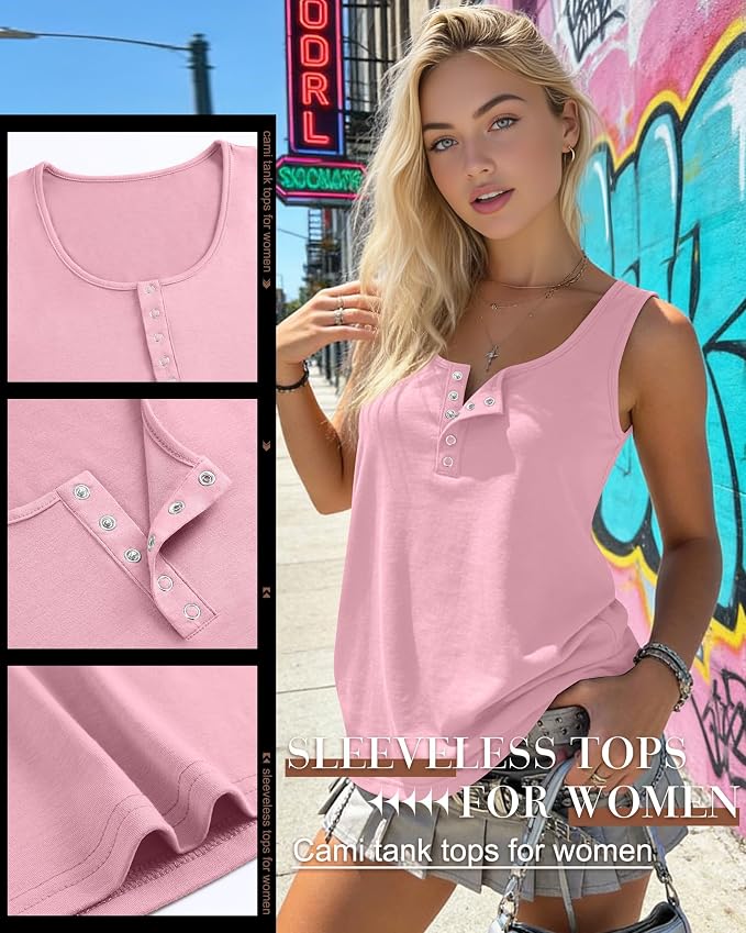 Ficerd 3 Pack Women's Henley Tank Tops Sleeveless Button Down Summer Shirts 2026 Casual Trendy Loose U Neck Tee Blouses - Image 5
