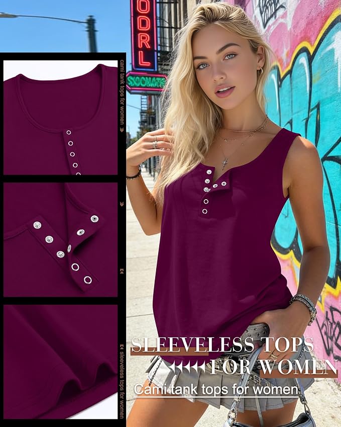 Ficerd 3 Pack Women's Henley Tank Tops Sleeveless Button Down Summer Shirts 2026 Casual Trendy Loose U Neck Tee Blouses - Image 5