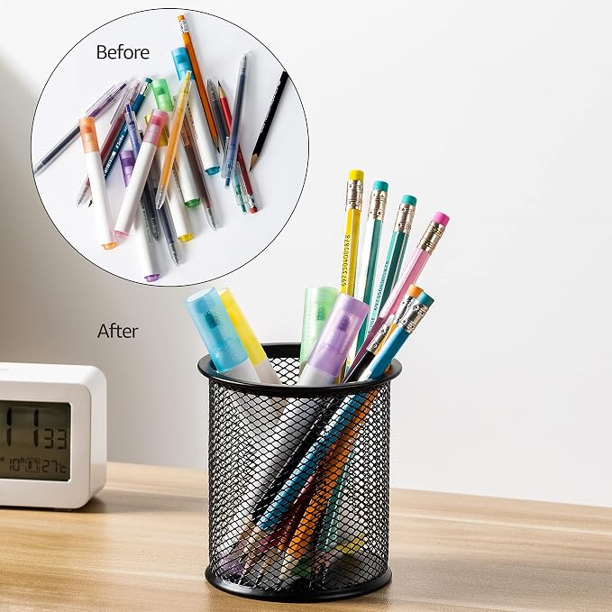 Amazon Basics Wire Mesh Pen Holder, Pencil Cup Desk Organizer for Stationery, Scissors, Office Caddy Storage, 3.7" x 3.3", Black - Image 7