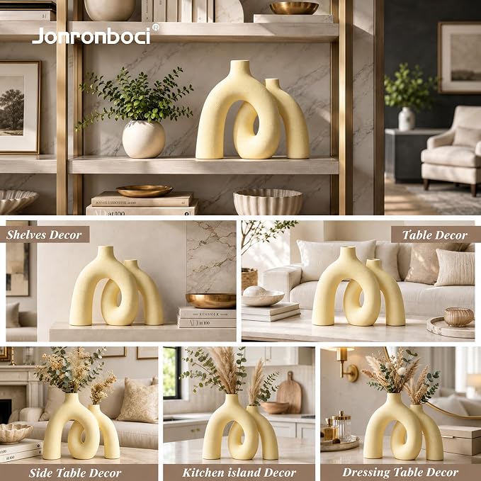 Hug Donut Decorative Vase Set - Beige Vase, Modern Nordic Boho Style Vases Home Decor, Matte Ceramic Decorations for Living Room Shelf, Bookshelf Mantle Entryway Table or Console Décor (Beige) - Image 7