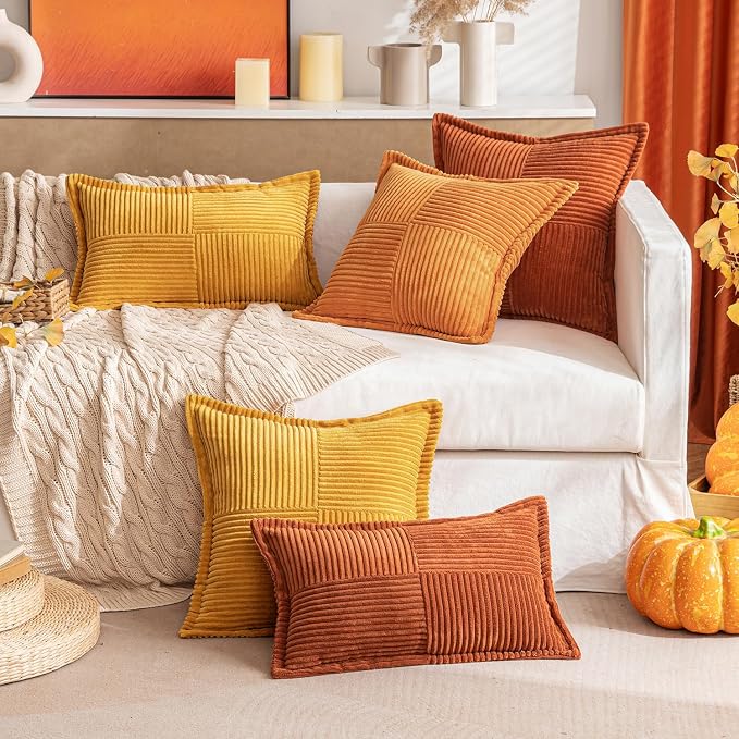 MIULEE Fall Burnt Orange Decorative Throw Pillow Covers for Couch Bed Livingroom 16x16 Inch Set of 2 Boho Accent Throw Pllows Broadside Striped Patchwork Soft Corduroy Pillowcases - Image 8