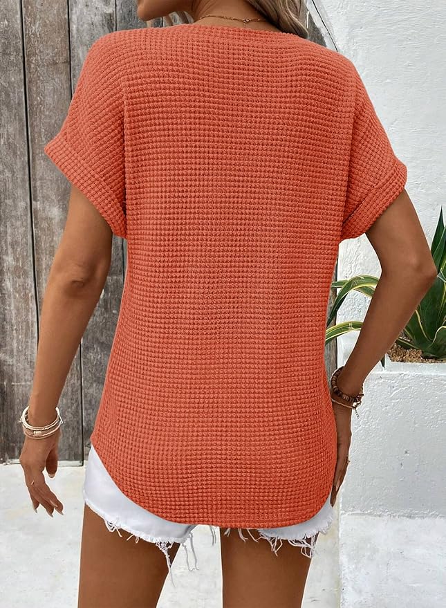 Dokotoo Womens Waffle Knit Tops 2026 Spring Summer V Neck Shirts Casual Trendy Women's Blouses Basic Tee - Image 4