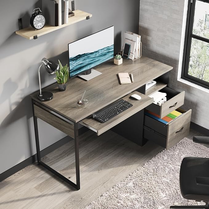 Bestier 48” Computer Desk with Drawers, Office Desk with Storage, Industrial Wood Writing Desk with File Drawer, Keyboard Tray & 2 Hooks for Home Office & Studio, Gray - Image 9