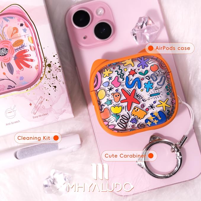 for AirPods 4 Case with Cleaning Kit, Cute Cat Ear Print Design & Cute Buckle, Inverted Phone Holder Design, Top Safe Lock Buckle Design, for Girls AirPods 4 case 2024, Orange Seaworld - Image 7