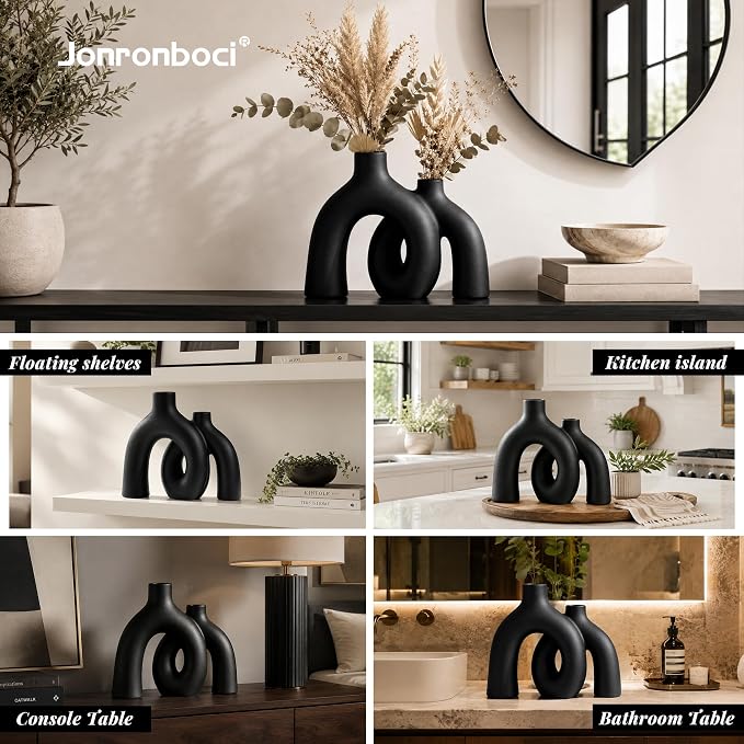 Matte Black Vase Set - Hug Hollow Donut Aesthetic Ceramic Vases Home Decor, Modern Nordic Minimalist Decorative Vase for Table Centerpiece Bookshelf Office Entryway Console Fireplace (Black) - Image 7
