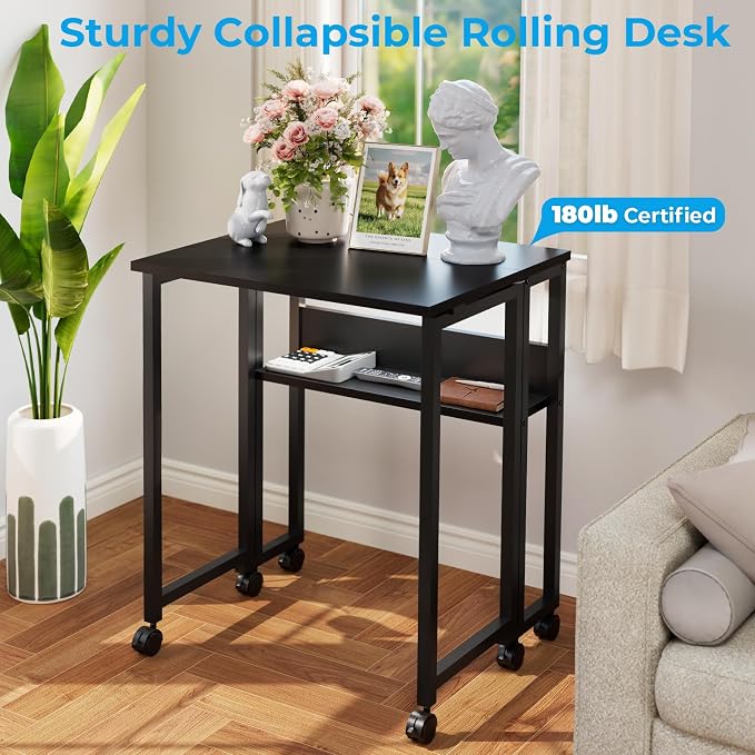 GreenForest Folding Desk with Wheels, 31.5" Rolling Table for Small Spaces | Storage Shelf, Lockable Casters, Compact Portable Workstation, Space-Saving Foldable Sofa Table, Home Office, Mobile, Black - Image 8