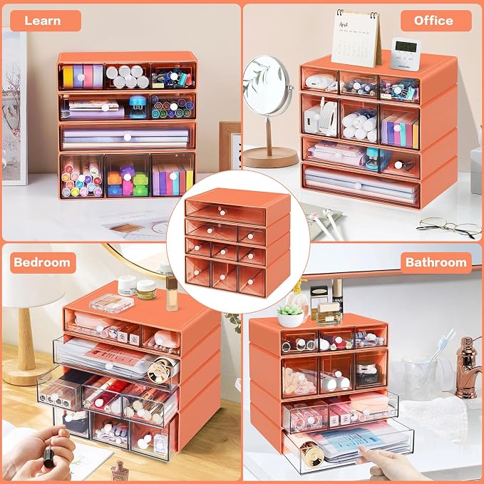 Desk Storage Organizer with 9 Drawers, 4 Tiers Stackable Desktop Craft Storage Drawers, Clear Storage Box Caddy for Stationary Makeup Jewelry Office Craft Supplies (Orange) - Image 7