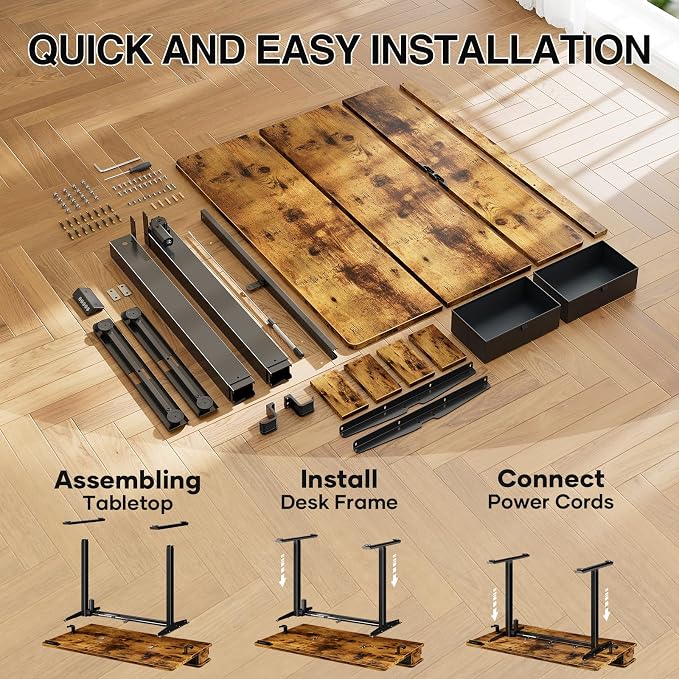 Veken 63x28 in Electric Standing Desk with Drawers, Adjustable Table, Brown | Stand up Computer Desk for Home Office, Work & Study, with Storage, 3 Memory Presets, Cable Organizer, Hook, and Quiet Lift. - Image 8