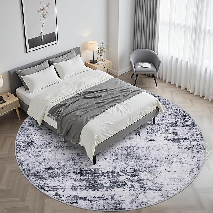 Round Area Rug for Living Room: 5 ft Washable Modern Abstract Soft Thin Rug Indoor Floor No Slip Stain Resistant Carpet for Bedroom Dining Room Farmhouse Nursery Home Office - Grey - Image 7
