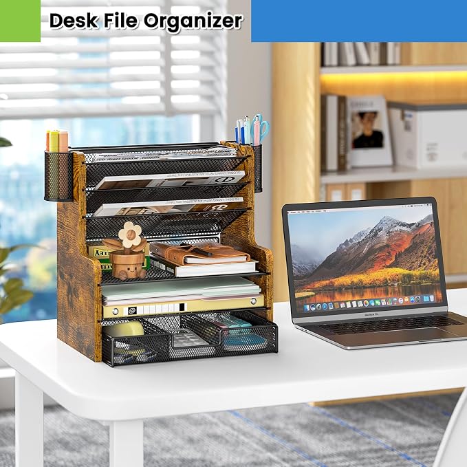 DAOUTIME 6-Tier Mesh Desk Organizer with Drawer, Wooden Office Organizer for Papers, Folders & Office Supplies - Sturdy Desktop File Holder with 2 Pen Holders - Space Saving Home Office Accessories - Image 8
