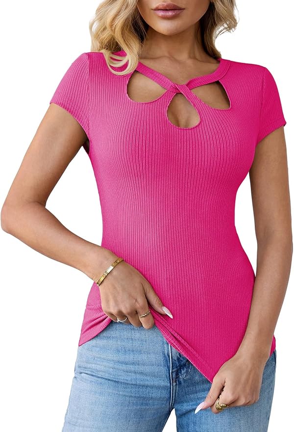 Pink Queen Sexy Tops for Women Cutout Keyhole Neck Cap Sleeve Shirts Casual Summer Clothes 2026 Fashion - Image 9