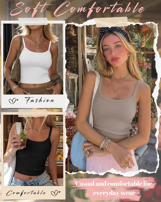 Ficerd 3 Pack Women's Tank Tops 95% Cotton Spaghetti Strap Ribbed Crop Camisole Slim Fitted Basic Summer Sleeveless Layer - Image 5