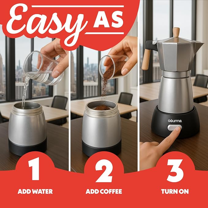 Gourmia Electric Moka Pot Espresso Maker – 6 Shot Italian-Style Coffee Brewer, 550W Detachable 360° Cordless Base, Food-Grade Aluminum, Beechwood Handle - Image 10