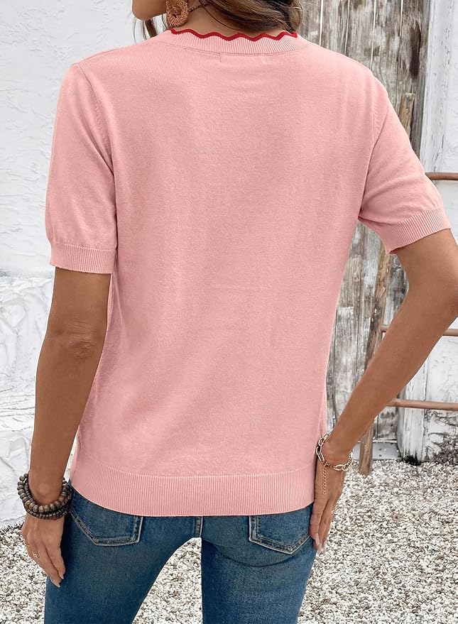 Dokotoo Womens Summer Short Sleeve Knit Tops 2026 Spring Trendy Casual V Neck Striped Sweater Blouses - Image 4