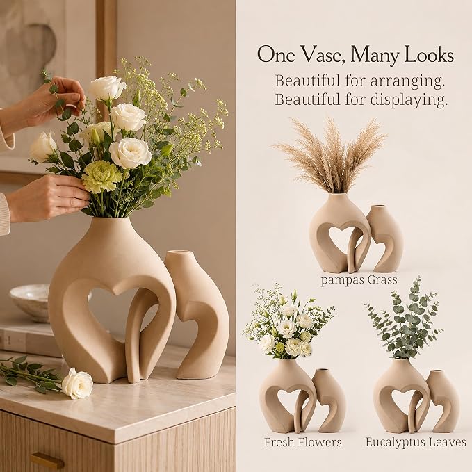 Ceramic Flower Vases Home Decor Heart Shaped Vase Set of 2 | Nordic Heart Shaped Vases Minimalist Decorative Vase for Table Centerpiece Wedding Dining Living Room Office House Decoration - Image 8