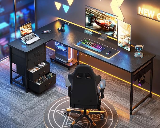 AODK 67" L Shaped Gaming Desk with 4 Drawers and Power Outlets, Black | USB Ports, PC Tower Stand, Hooks, Reversible Corner Layout for Gaming Rooms, Bedrooms and Home Office - Image 9