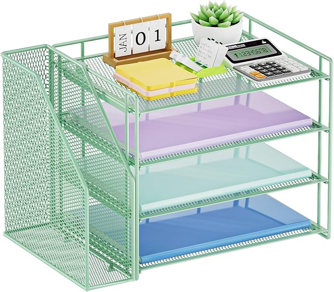 Marbrasse 4-Tier Paper Tray Organizer with File Holder, Green | Sturdy Paper Tray, Built-in File Holder, fits Letters/Docs, Saves Desk Space, for School/Office/Home - Image 8