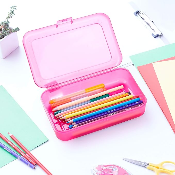 Amazon Basics 4-Pack Large Pencil Cases, Storage Organizer, Durable Plastic School Supply Box, Multi-Color Student Organization for Office, College & Classroom Supplies - Image 6