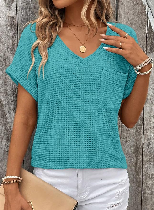 Dokotoo Womens Waffle Knit Tops 2026 Spring Summer V Neck Shirts Casual Trendy Women's Blouses Basic Tee - Image 5