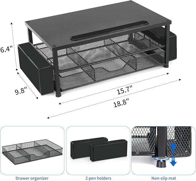 AUPSEN Wood Computer Monitor Stand Riser, 2-Tier Black Desk Organizer with Drawer, Pen Storage & Phone Holder ,Office Desk Accessories Desktop Organizer for Office Supplies - Image 7